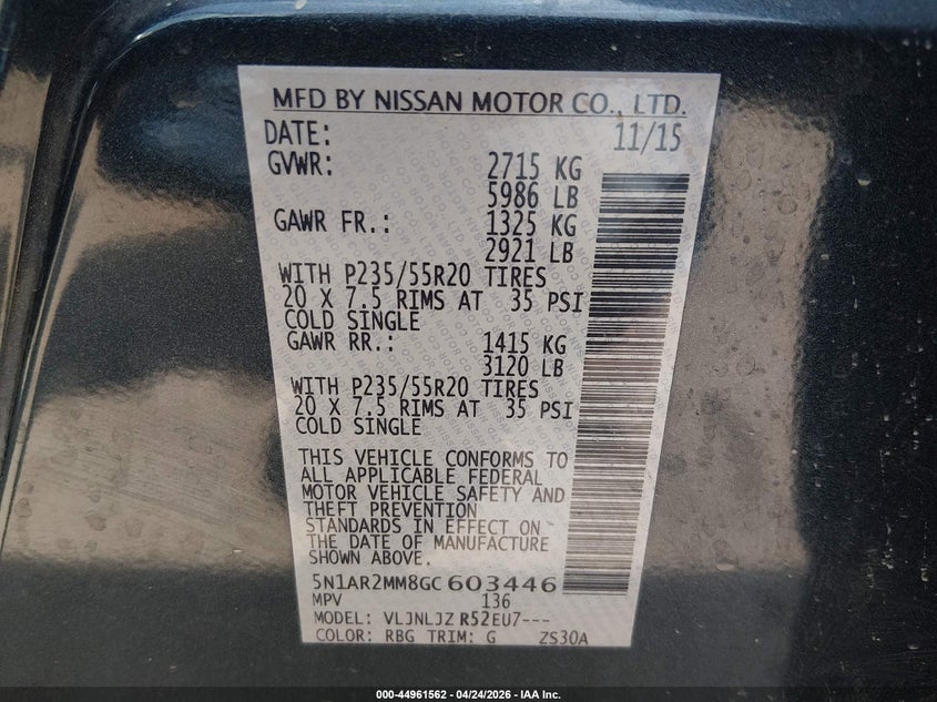 2016 Nissan Pathfinder VIN 5N1AR2MM8GC603446 IAAI salvage auction — FRONT END, Salvage Title, sold $1,300 on 2026-07-19 (photo 9)