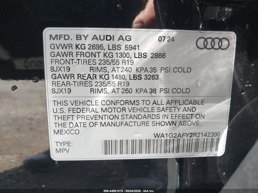2024 Audi Q5 VIN WA1G2AFY2R2142390 IAAI salvage auction — REAR END, Salvage (Virginia), sold $23,975 on 2026-07-14 (photo 9)
