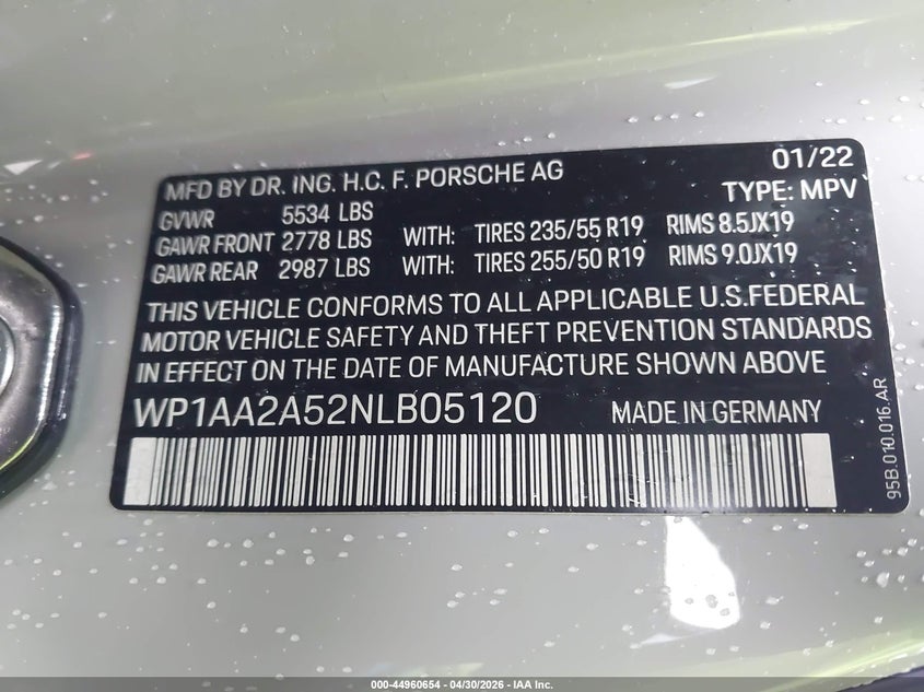 2022 Porsche Macan VIN WP1AA2A52NLB05120 IAAI salvage auction — LEFT FRONT, Wait Title, sold $13,500 on 2026-08-09 (photo 9)