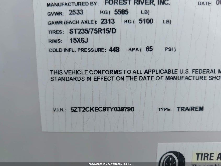 2026 Forest river Other VIN 5ZT2CKEC8TY038790 IAAI salvage auction — FRONT & REAR, Salvage (California), sold $6,750 on 2026-07-29 (photo 9)