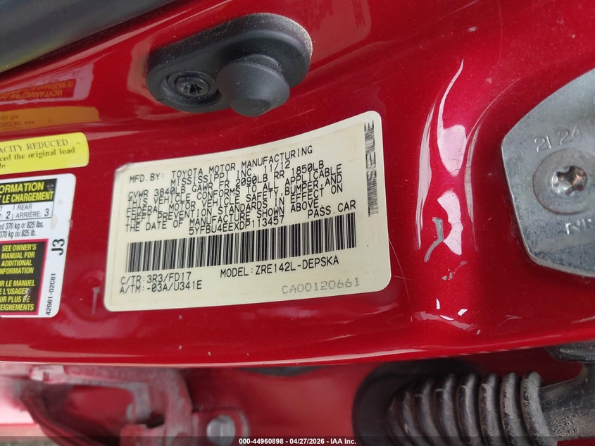 2013 Toyota Corolla VIN 5YFBU4EEXDP113457 IAAI salvage auction — FRONT END, Salvage (Texas), sold $1,300 on 2026-07-09 (photo 9)
