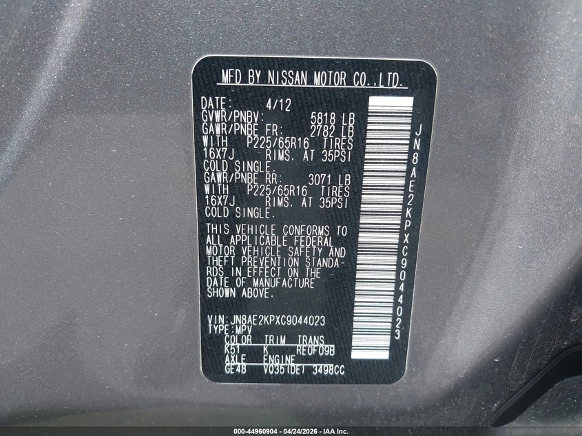 2012 Nissan Quest VIN JN8AE2KPXC9044023 IAAI salvage auction — LEFT SIDE, Salvage (Utah), sold $350 on 2026-07-09 (photo 9)