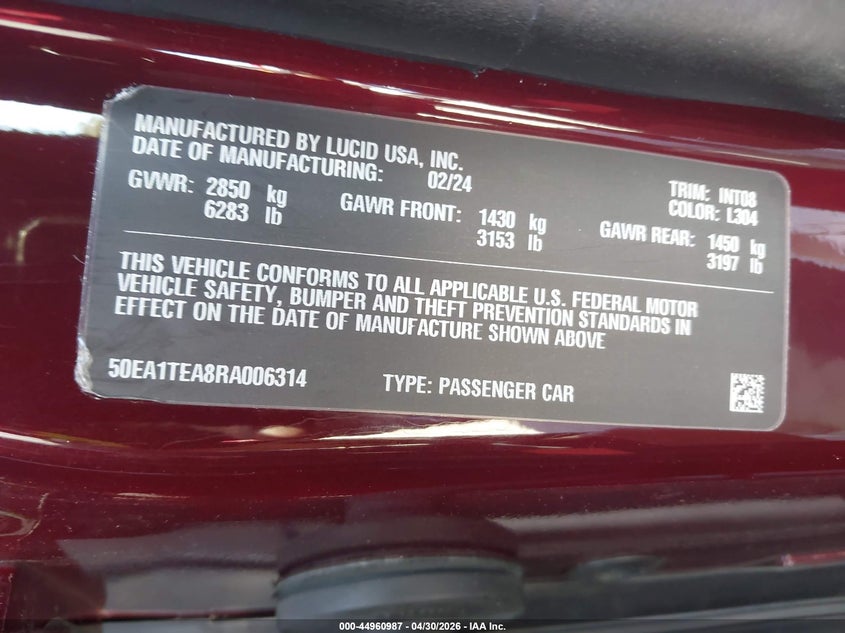 2024 Lucid Air VIN 50EA1TEA8RA006314 IAAI salvage auction — RIGHT FRONT, Salvage (California), sold $10,950 on 2026-07-20 (photo 9)