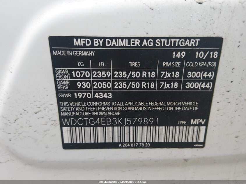 2019 Mercedes-benz Gla-klasse VIN WDCTG4EB3KJ579891 IAAI salvage auction — LEFT SIDE, Salvage (West Virginia), sold $6,250 on 2026-07-23 (photo 9)