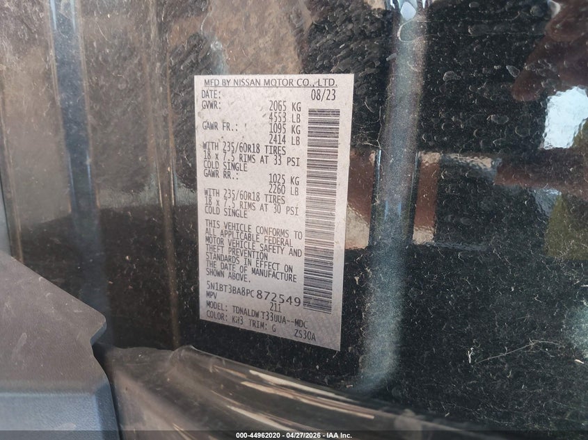 2023 Nissan Rogue VIN 5N1BT3BA8PC872549 IAAI salvage auction — HAIL, Salvage Title, sold $9,800 on 2026-07-30 (photo 9)
