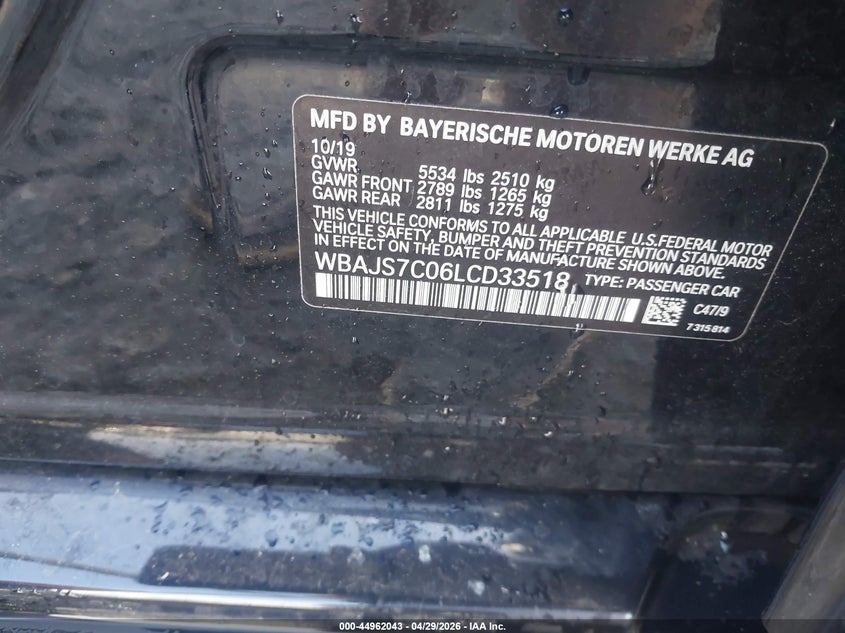 2020 BMW 5er VIN WBAJS7C06LCD33518 IAAI salvage auction — FRONT END, Salvage Title, sold $6,900 on 2026-07-28 (photo 9)