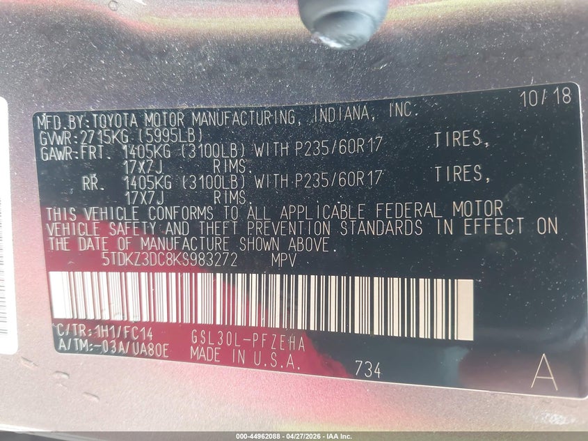 2019 Toyota Sienna VIN 5TDKZ3DC8KS983272 IAAI salvage auction — FRONT END, Salvage (Missouri), sold $4,750 on 2026-07-14 (photo 9)