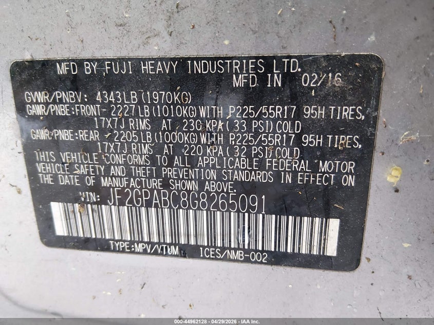 2016 Subaru Xv VIN JF2GPABC8G8265091 IAAI salvage auction — NORMAL WEAR, Original (Ohio), sold $875 on 2026-07-15 (photo 9)
