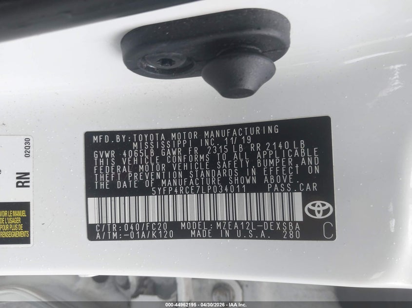 2020 Toyota Corolla VIN 5YFP4RCE7LP034011 IAAI salvage auction — FRONT END, Salvage (Connecticut), sold $5,700 on 2026-07-30 (photo 9)