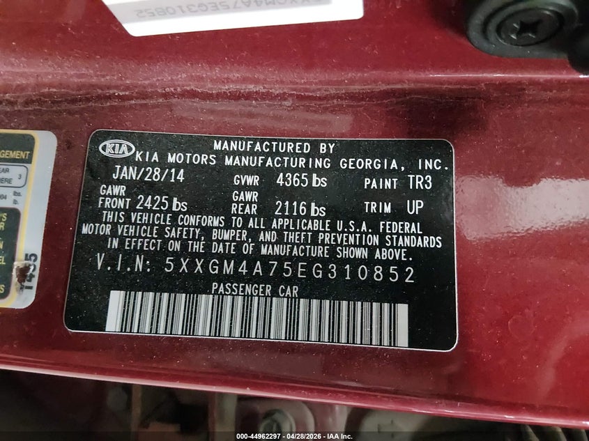 2014 Kia Optima VIN 5XXGM4A75EG310852 IAAI salvage auction — RIGHT FRONT, Salvage Title, sold $775 on 2026-07-28 (photo 9)