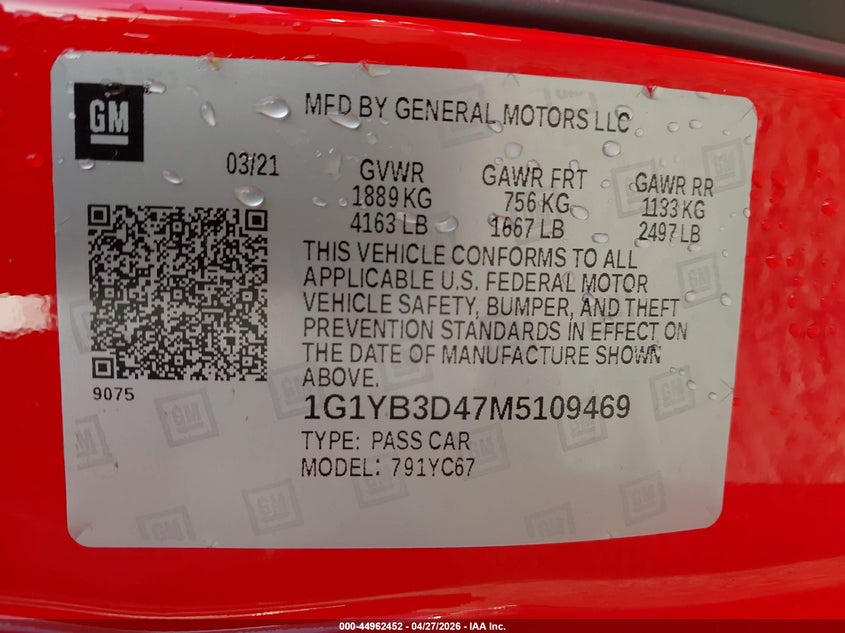 2021 Chevrolet Corvette VIN 1G1YB3D47M5109469 IAAI salvage auction — FRONT END, Salvage (Georgia), sold $33,200 on 2026-07-13 (photo 9)