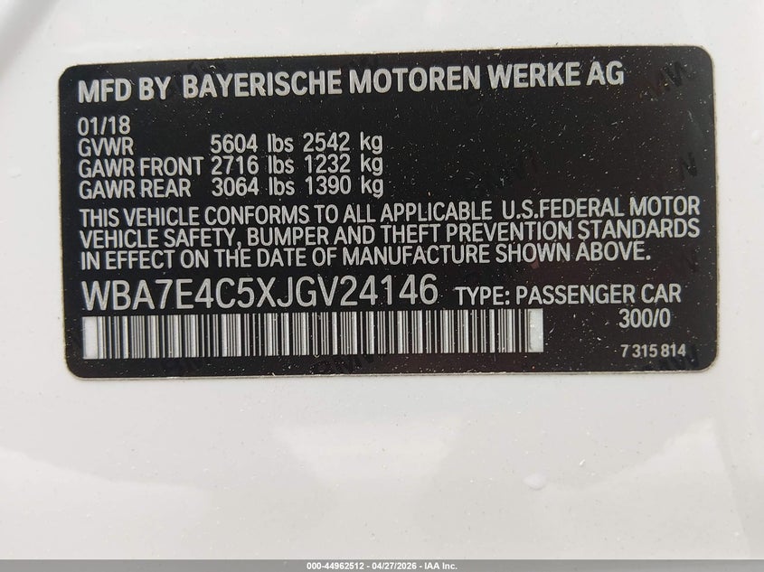 2018 BMW 7er VIN WBA7E4C5XJGV24146 IAAI salvage auction — RIGHT FRONT, Salvage Title, sold $8,000 on 2026-07-08 (photo 9)