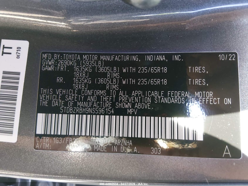 2022 Toyota Highlander VIN 5TDBZRBH9NS596154 IAAI salvage auction — RIGHT REAR, Salvage Title, sold $12,600 on 2026-07-15 (photo 9)