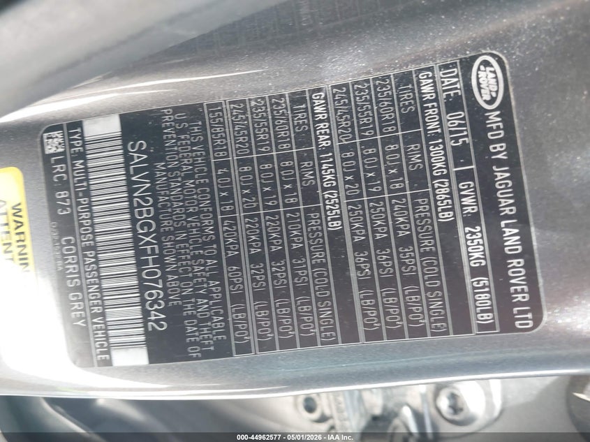 2015 Land rover Range rover evoque VIN SALVN2BGXFH076342 IAAI salvage auction — REAR END, Rebuildable (Florida), sold $2,300 on 2026-07-22 (photo 9)