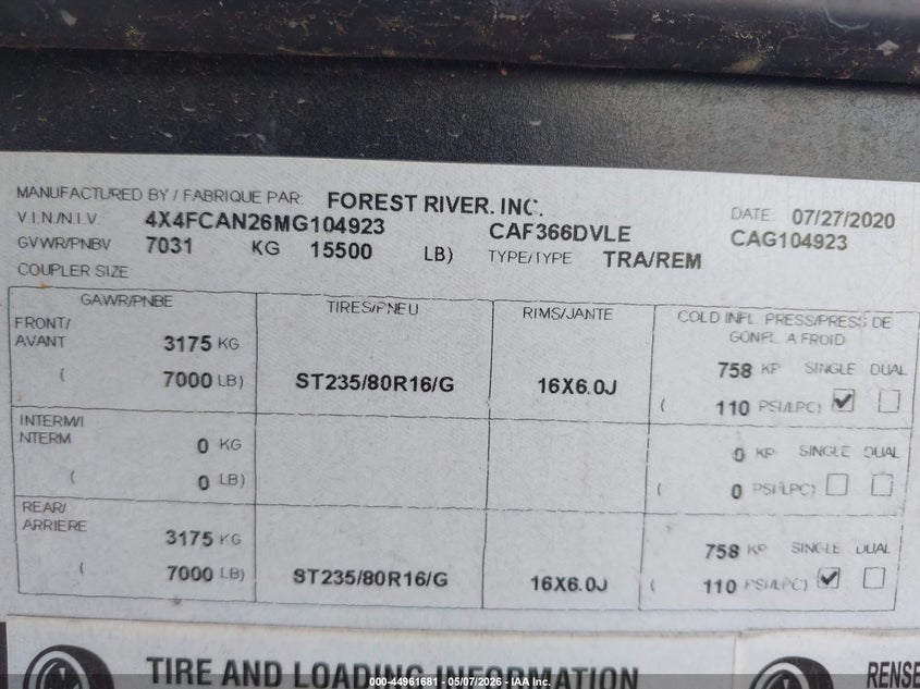 2021 Forest river Other VIN 4X4FCAN26MG104923 IAAI salvage auction — HAIL, Clear (Oklahoma), sold $9,000 on 2026-09-02 (photo 9)