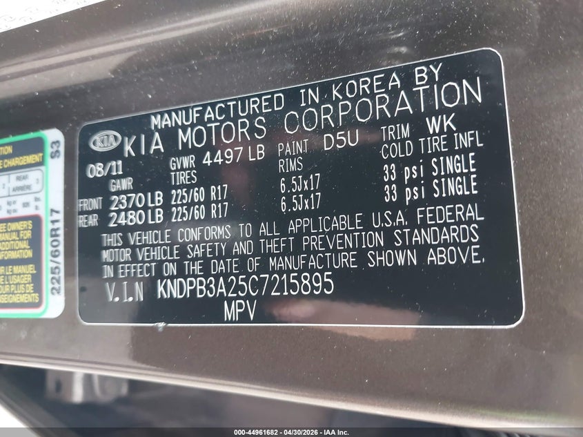 2012 Kia Sportage VIN KNDPB3A25C7215895 IAAI salvage auction — REAR END, Salvage (New Jersey), sold $2,250 on 2026-08-29 (photo 9)