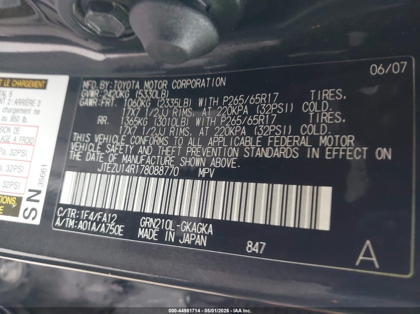 2007 Toyota 4runner VIN JTEZU14R178088770 IAAI salvage auction — FRONT END, Salvage (Texas), sold $4,275 on 2026-07-15 (photo 9)