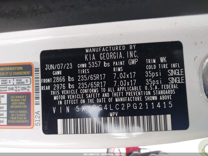 2023 Kia Sorento VIN 5XYRG4LC2PG211415 IAAI salvage auction — SIDE, Original (Texas), sold $6,950 on 2026-07-30 (photo 9)