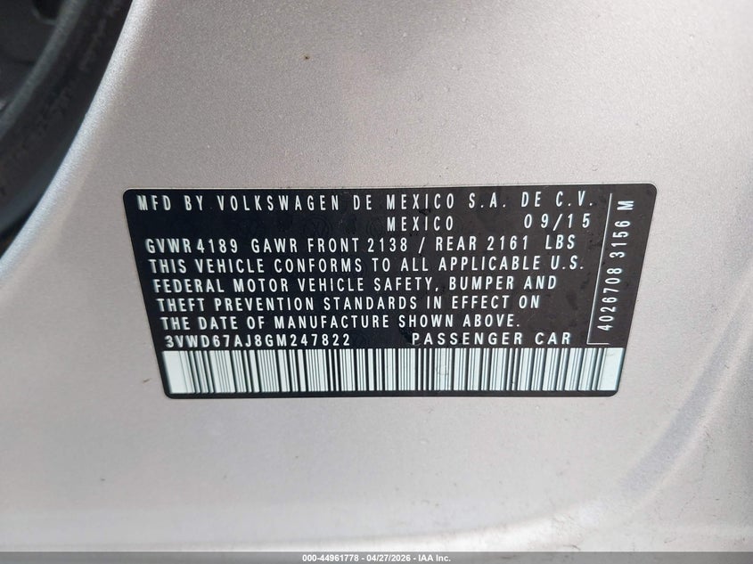 2016 Volkswagen Jetta VIN 3VWD67AJ8GM247822 IAAI salvage auction — RIGHT SIDE, Clear (Illinois), sold $0 on 2026-09-28 (photo 9)