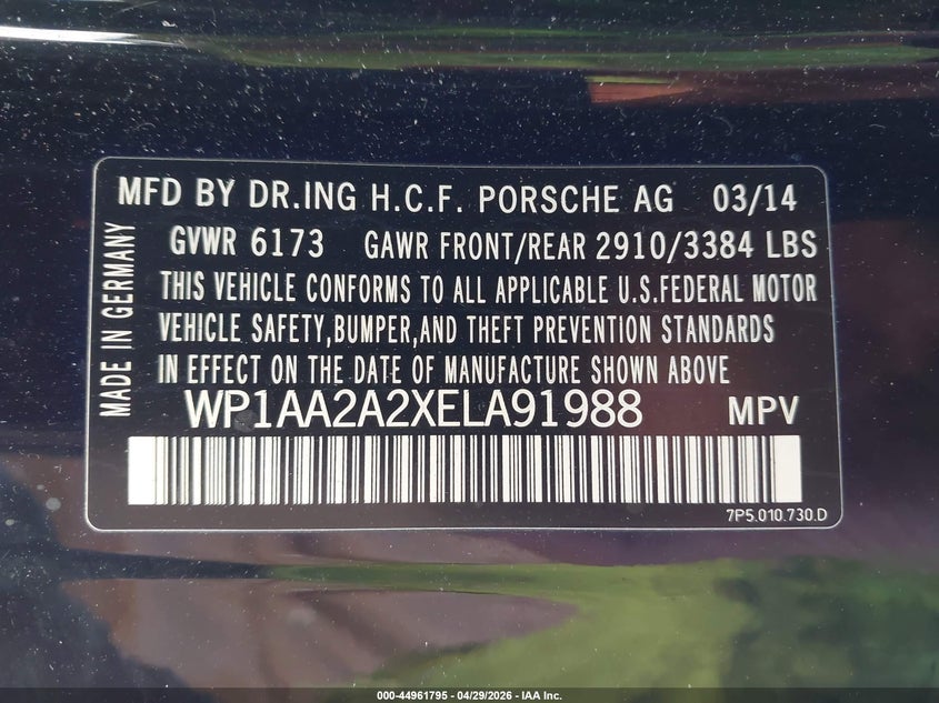 2014 Porsche Cayenne VIN WP1AA2A2XELA91988 IAAI salvage auction — REAR END, Salvage (Massachusetts), sold $1,700 on 2026-07-18 (photo 9)
