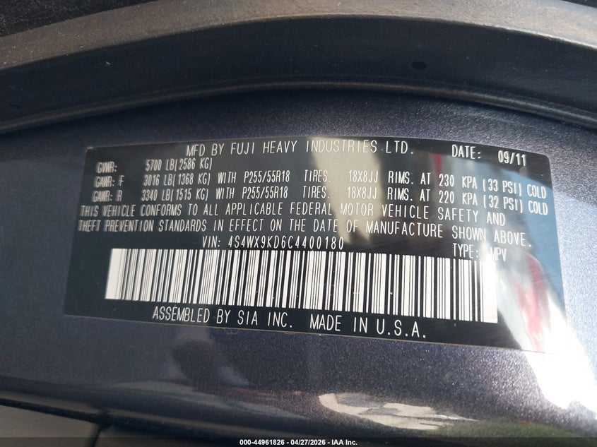 2012 Subaru Tribeca VIN 4S4WX9KD6C4400180 IAAI salvage auction — LEFT FRONT, Salvage Title, sold $1,400 on 2026-07-09 (photo 9)