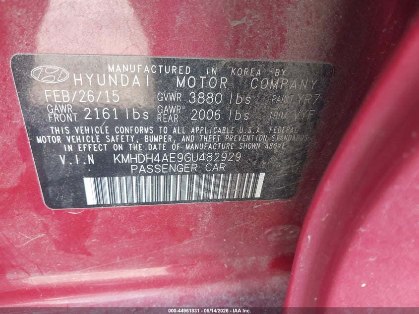 2016 Hyundai Elantra VIN KMHDH4AE9GU482929 IAAI salvage auction — FRONT & REAR, Salvage (South Carolina), sold $775 on 2026-07-21 (photo 9)