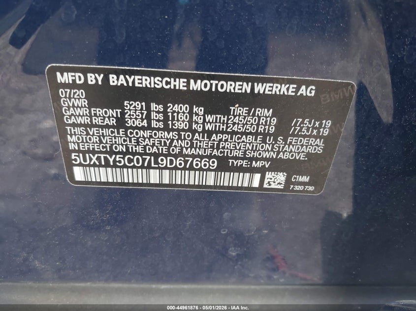 2020 BMW X3 VIN 5UXTY5C07L9D67669 IAAI salvage auction — REAR END, Wait Title, sold $9,350 on 2026-07-08 (photo 9)