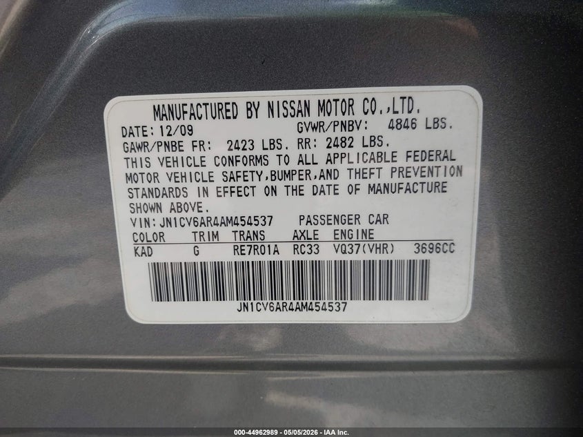 2010 Infiniti G VIN JN1CV6AR4AM454537 IAAI salvage auction — FRONT END, Salvage (Georgia), sold $1,000 on 2026-07-15 (photo 9)