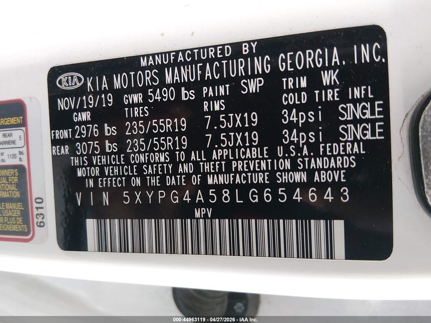 2020 Kia Sorento VIN 5XYPG4A58LG654643 IAAI salvage auction — FRONT END, Wait Title, sold $1,600 on 2026-07-10 (photo 9)