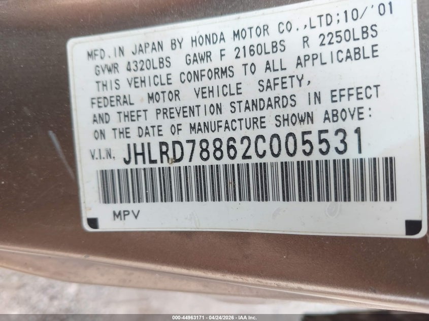 2002 Honda Cr-v VIN JHLRD78862C005531 IAAI salvage auction — NORMAL WEAR, Bill Of Sale (Indiana), sold $350 on 2026-07-15 (photo 9)