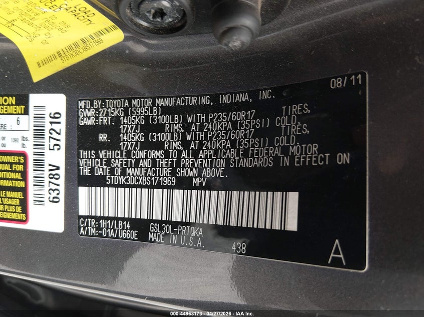 2011 Toyota Sienna VIN 5TDYK3DCXBS171969 IAAI salvage auction — FRONT END, Salvage (Ohio), sold $1,725 on 2026-07-07 (photo 9)
