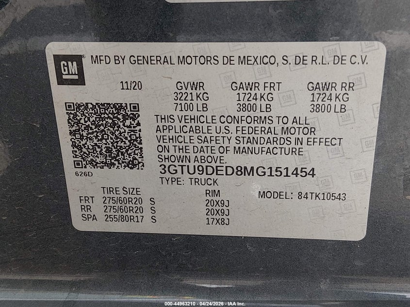 2021 Gmc SIERRA VIN 3GTU9DED8MG151454 IAAI salvage auction — LEFT FRONT, Salvage (Nevada), sold $15,750 on 2026-07-31 (photo 9)