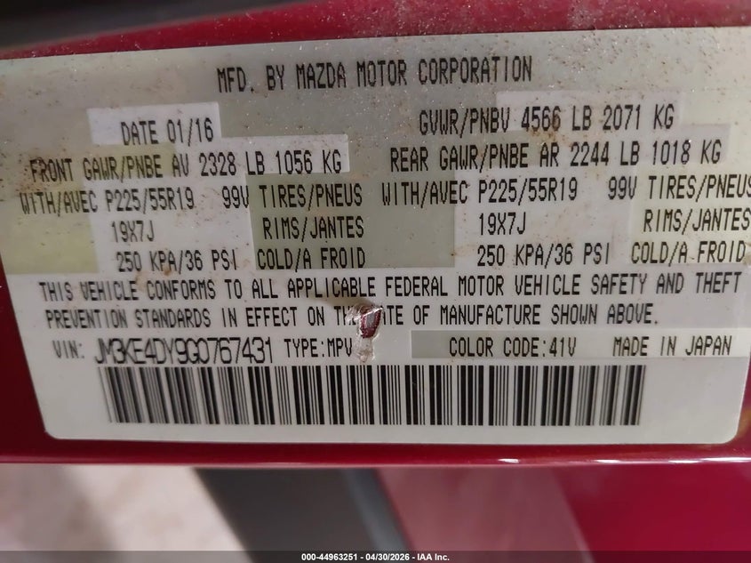 2016 Mazda Cx-5 VIN JM3KE4DY9G0767431 IAAI salvage auction — FRONT END, Junking Certificate (Iowa), sold $1,650 on 2026-07-14 (photo 9)