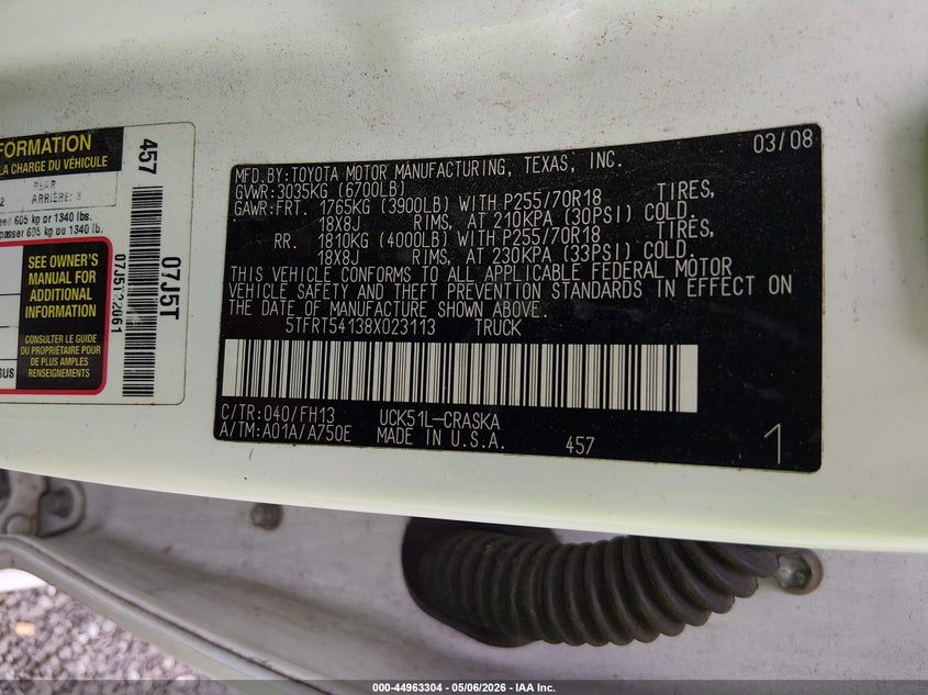2008 Toyota Tundra VIN 5TFRT54138X023113 IAAI salvage auction — REAR END, Salvage (South Carolina), sold $1,525 on 2026-07-14 (photo 9)