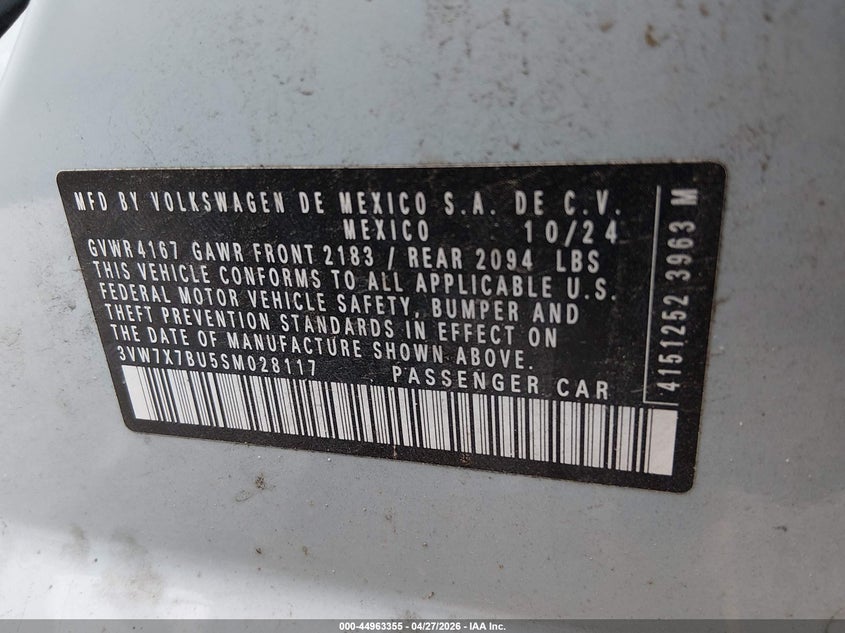 2025 Volkswagen Jetta VIN 3VW7X7BU5SM028117 IAAI salvage auction — FRONT END, Salvage Title, sold $5,300 on 2026-07-23 (photo 9)