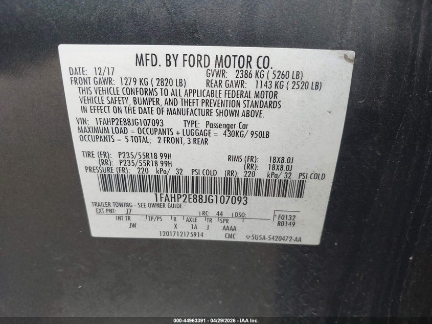 2018 Ford Taurus VIN 1FAHP2E88JG107093 IAAI salvage auction — FRONT END, Wait Title, sold $800 on 2026-07-08 (photo 9)