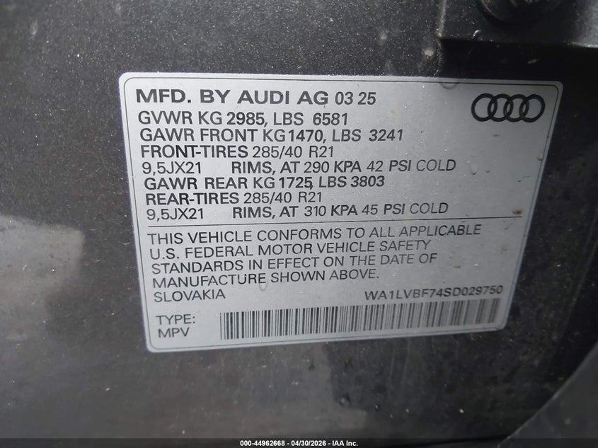 2025 Audi Q7 VIN WA1LVBF74SD029750 IAAI salvage auction — FRONT END, Salvage (Rhode Island), sold $21,000 on 2026-07-30 (photo 9)