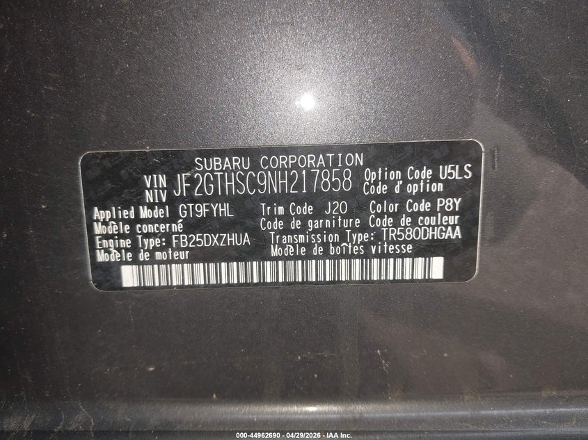 2022 Subaru Xv VIN JF2GTHSC9NH217858 IAAI salvage auction — ROLLOVER, Salvage (New Jersey), sold $2,700 on 2026-07-29 (photo 9)