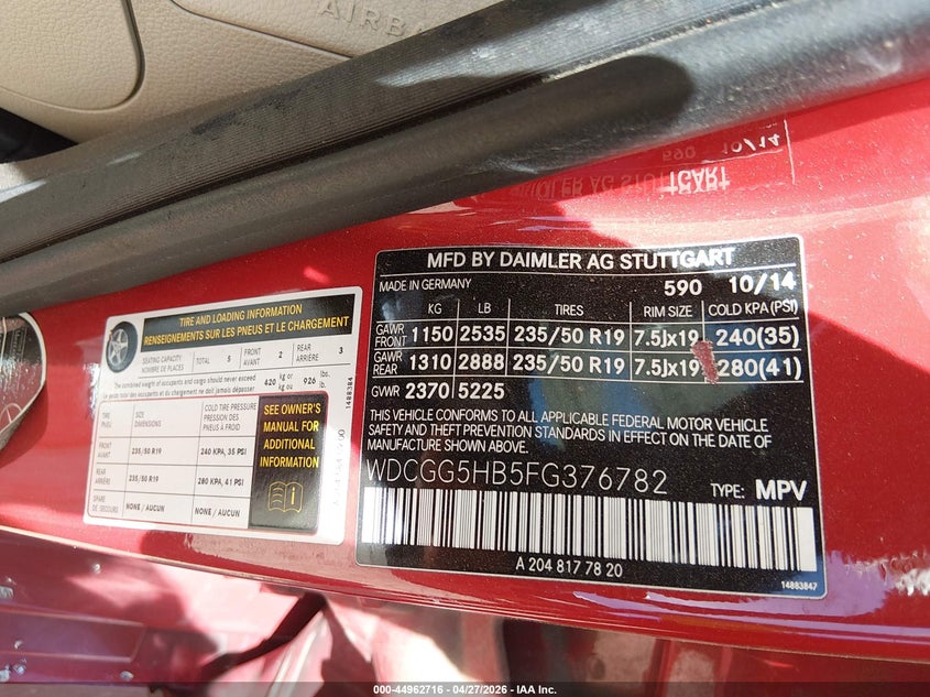 2015 Mercedes-benz Glk-klasse VIN WDCGG5HB5FG376782 IAAI salvage auction — FRONT END, Salvage Title, sold $1,250 on 2026-07-13 (photo 9)