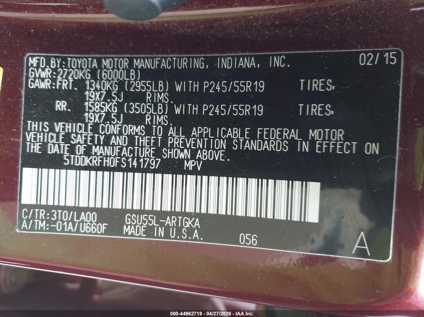 2015 Toyota Highlander VIN 5TDDKRFH0FS141797 IAAI salvage auction — REAR END, Original (Texas), sold $8,300 on 2026-07-13 (photo 9)