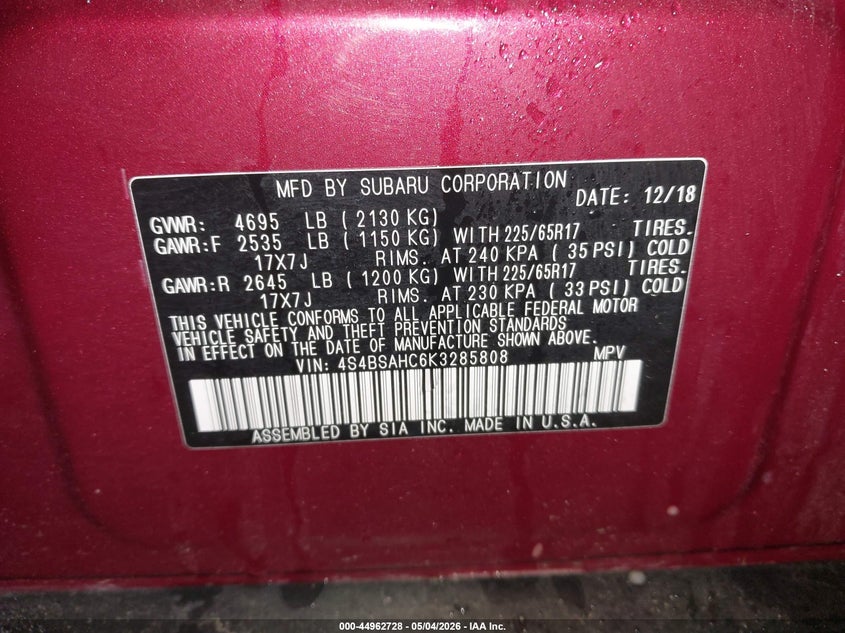 2019 Subaru Outback VIN 4S4BSAHC6K3285808 IAAI salvage auction — FRONT END, Salvage Title, sold $3,850 on 2026-07-31 (photo 9)