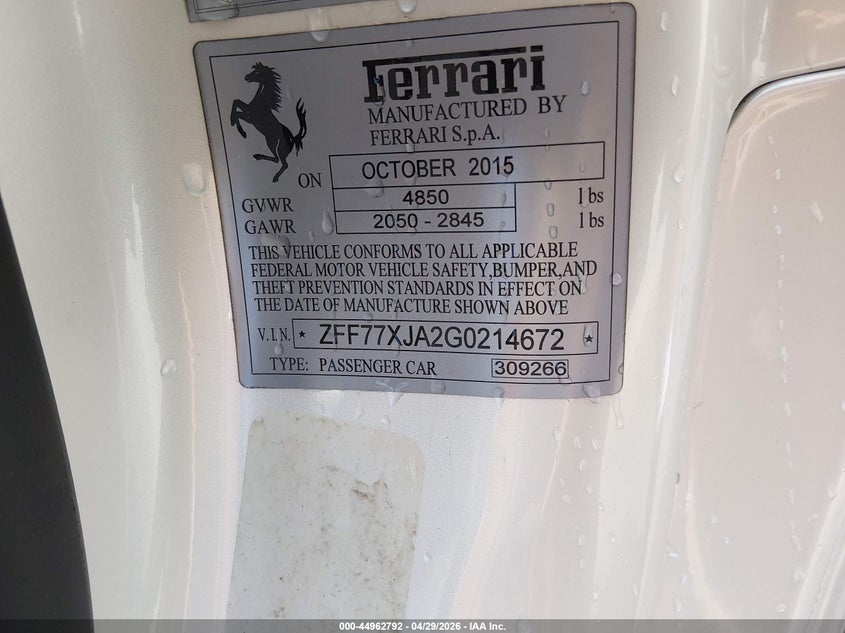 2016 Ferrari California T VIN ZFF77XJA2G0214672 IAAI salvage auction — Water/Flood, Salvage (North Carolina), sold $43,500 on 2026-05-04 (photo 9)