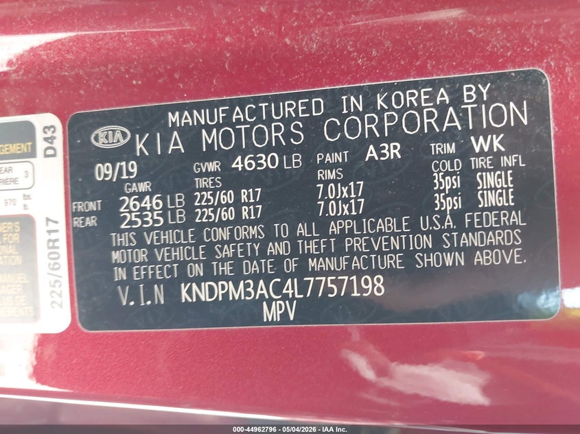 2020 Kia Sportage VIN KNDPM3AC4L7757198 IAAI salvage auction — FRONT END, Salvage (Ohio), sold $2,900 on 2026-07-08 (photo 9)