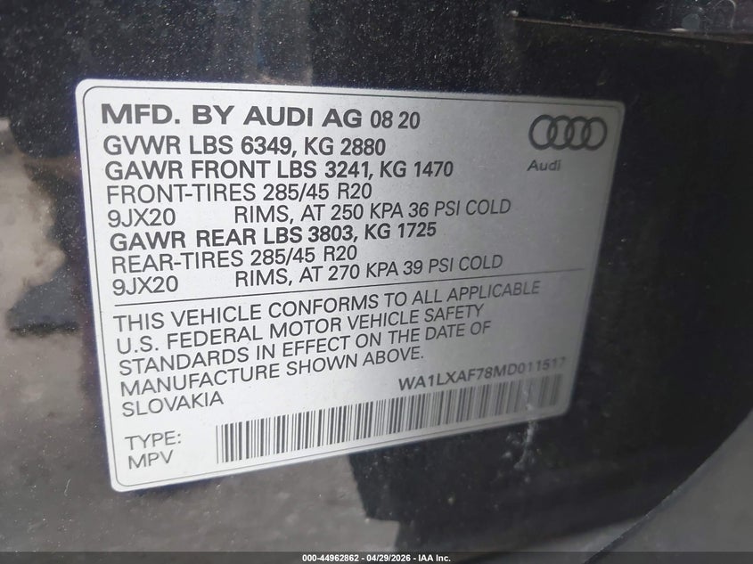 2021 Audi Q7 VIN WA1LXAF78MD011517 IAAI salvage auction — FRONT END, Salvage (Texas), sold $6,250 on 2026-07-08 (photo 9)