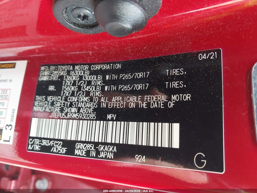 2021 Toyota 4runner VIN JTEPU5JR9M5930285 IAAI salvage auction — FRONT END, Salvage Title, sold $12,200 on 2026-07-10 (photo 9)