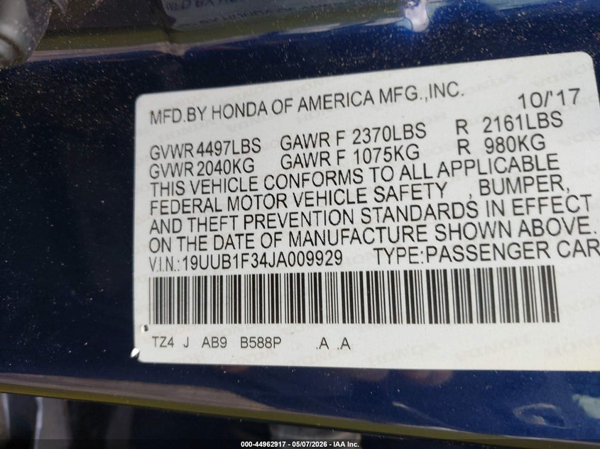 2018 Acura Tlx VIN 19UUB1F34JA009929 IAAI salvage auction — FRONT END, Clear (Georgia), sold $5,100 on 2026-07-31 (photo 9)