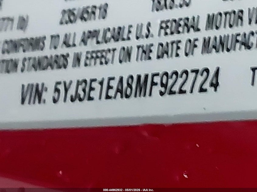 2021 Tesla Model 3 VIN 5YJ3E1EA8MF922724 IAAI salvage auction — FRONT END, Original (Texas), sold $6,800 on 2026-07-16 (photo 9)