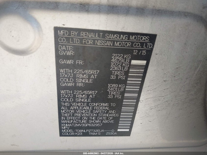 2016 Nissan Rogue VIN KNMAT2MV3GP632957 IAAI salvage auction — FRONT END, Salvage Title, sold $550 on 2026-07-14 (photo 9)