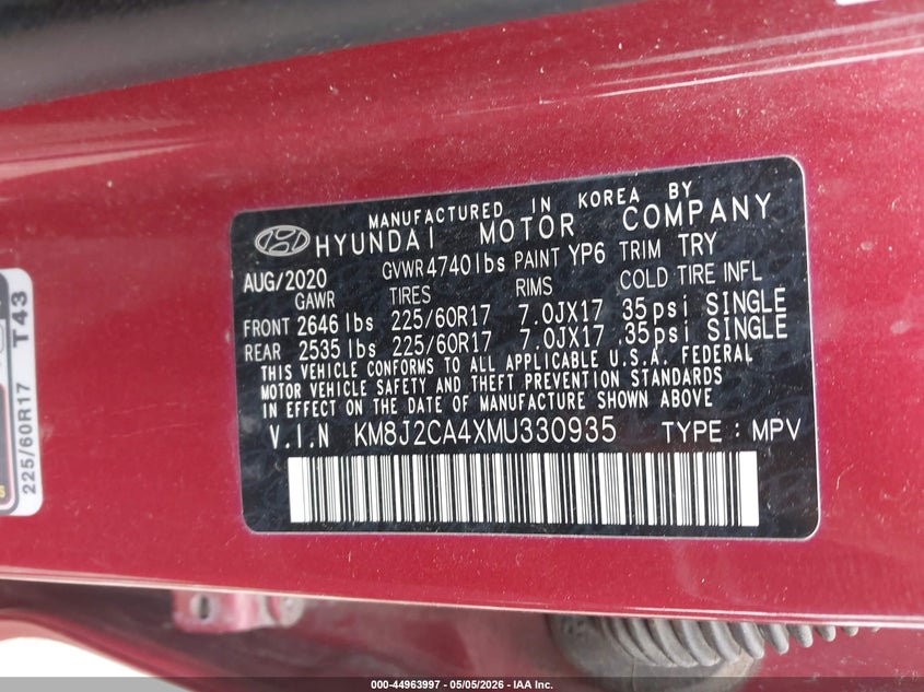 2021 Hyundai Tucson VIN KM8J2CA4XMU330935 IAAI salvage auction — THEFT, Mv-907A (New York), sold $2,850 on 2026-07-07 (photo 9)