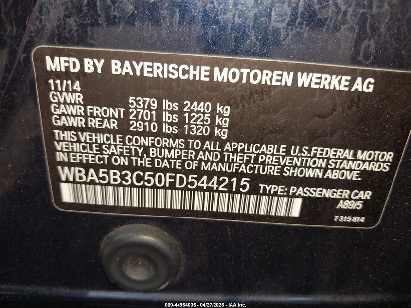 2015 BMW 5er VIN WBA5B3C50FD544215 IAAI salvage auction — FRONT END, Salvage (New Jersey), sold $2,300 on 2026-07-06 (photo 9)